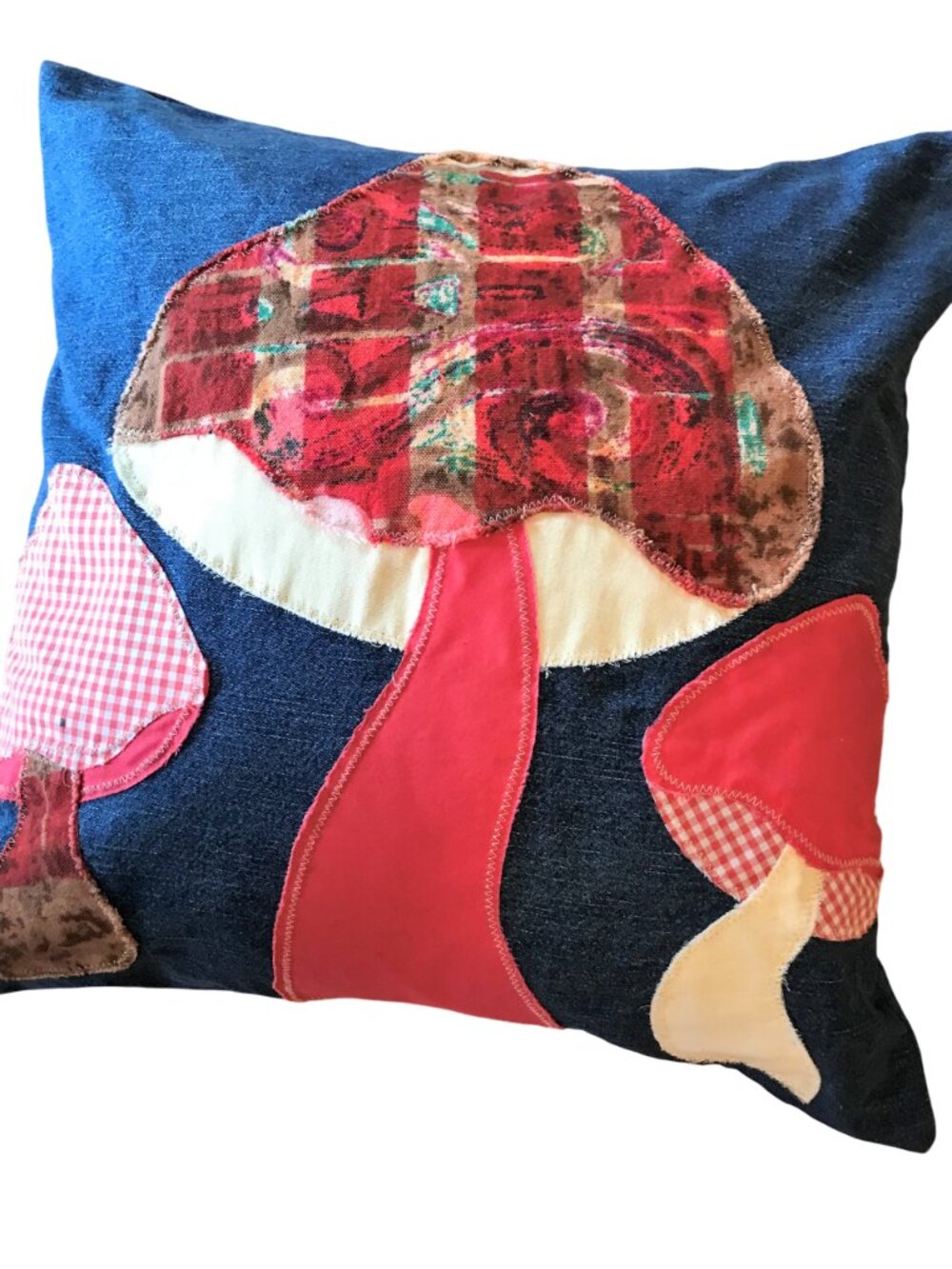 Mushroom Pillow Cover, Handmade 18 x 18 Whimsical Cottagecore Recycled Denim